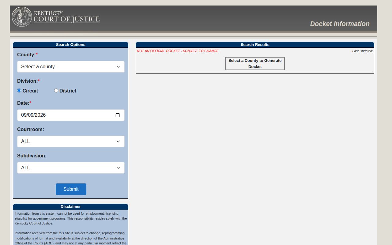 Kentucky Court of Justice docket search for court dates and case events