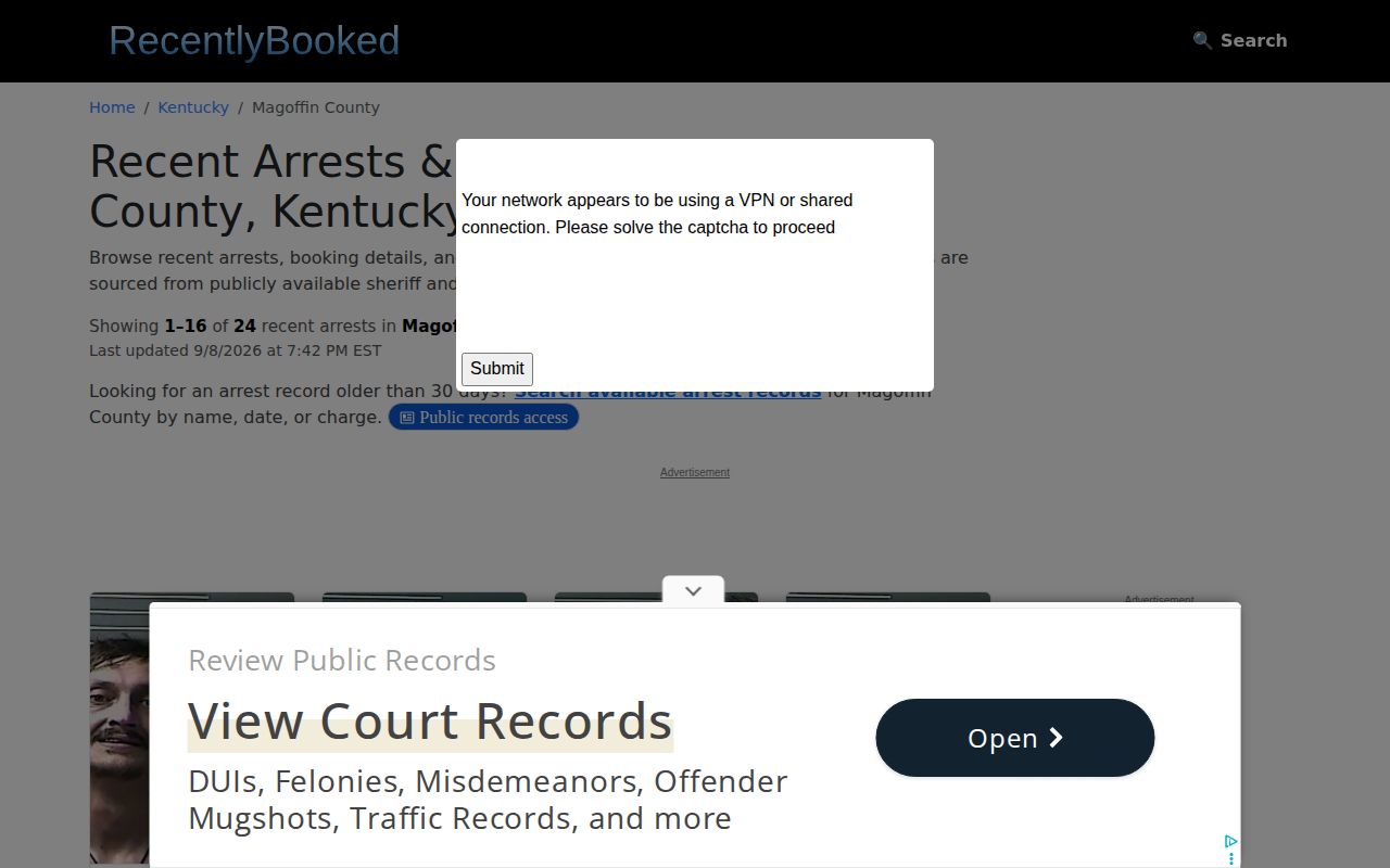 Unofficial Recently Booked page labeled for Magoffin County