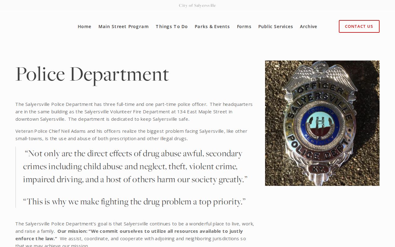 Official Salyersville Police Department webpage with department and contact information