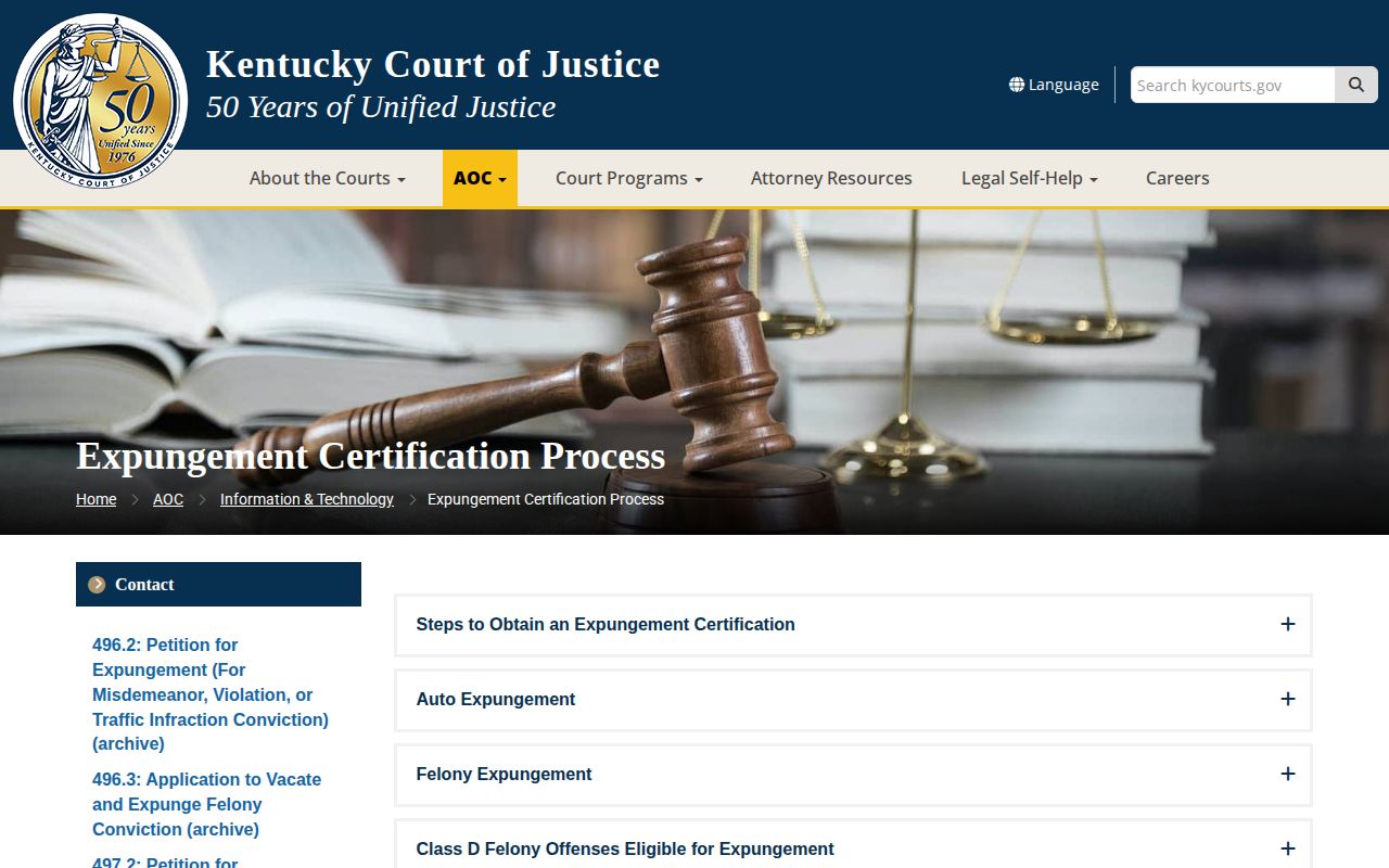Kentucky Court of Justice official expungement information page