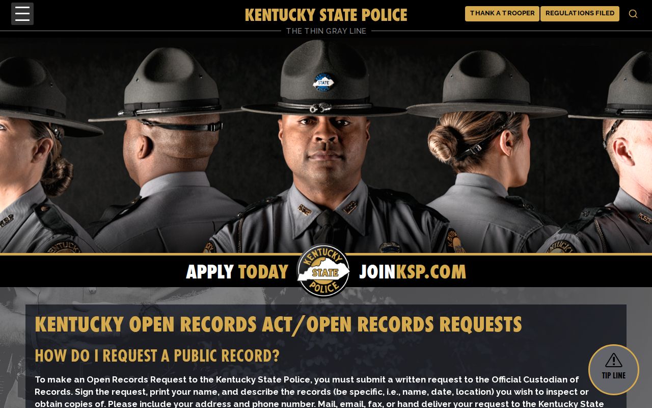 Kentucky State Police official open records request page
